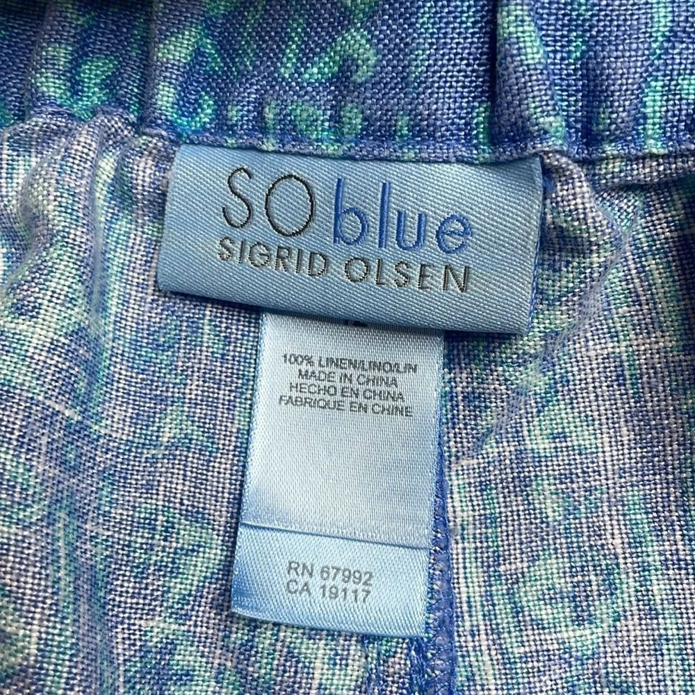 90s Vintage High Waisted Blue Geometric Print Linen Pants Size 12 Sigrid Olsen - Image 7