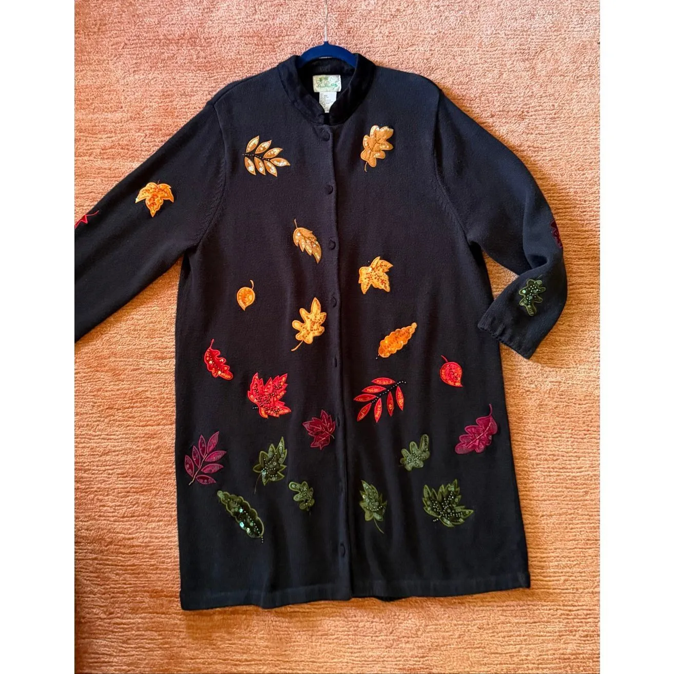 Quacker Factory Fall Leaves Embellished Button Front Cardigan Black 1X - Image 4