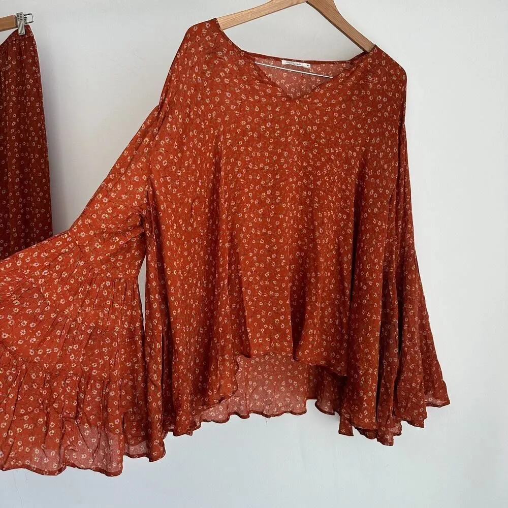 Mes Demoiselles Matching Set 38 40 Rustic Silk Boho Flowy Blouse Wide Leg Pants Orange Size 6 - Image 2