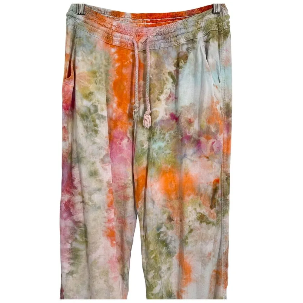 Vintage Linen Blend High Waisted Straight Leg Rainbow Tie Dye Pants Trousers Pink - Image 3
