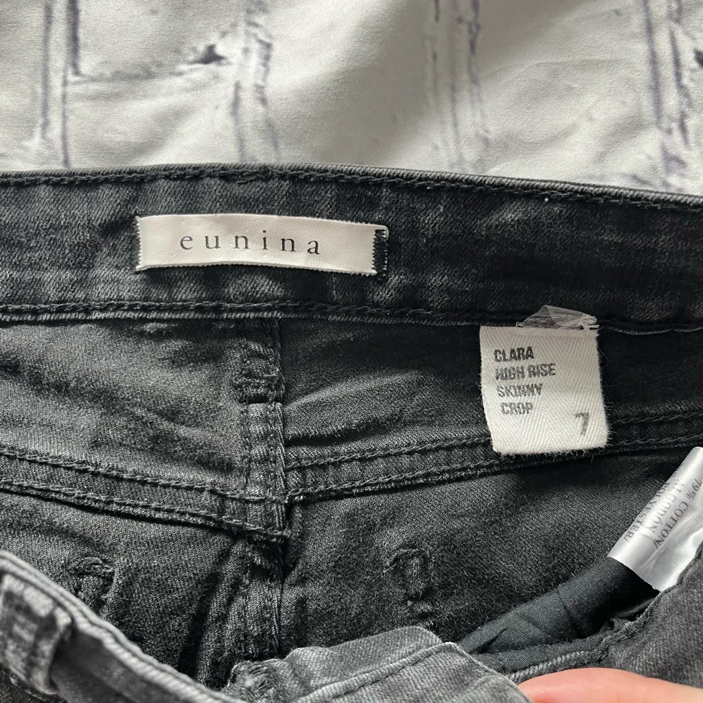 Eunina Clara High Rise Black Cropped Skinny Jeans Women’s 7 Distressed Raw Hem - Image 14