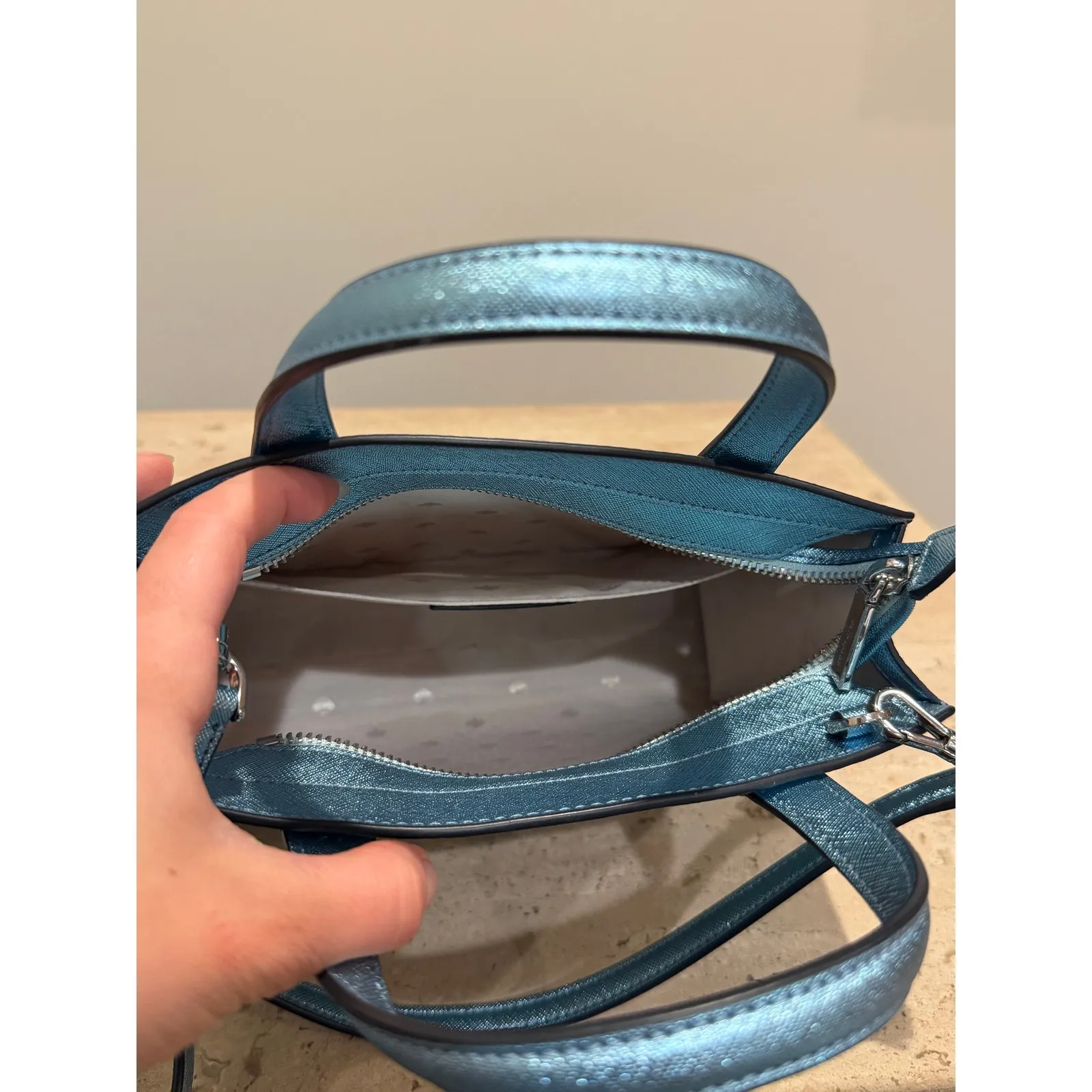 Kate Spade Tinsel Glitter Satchel Frosty Blue Crossbody Handbag - Image 6