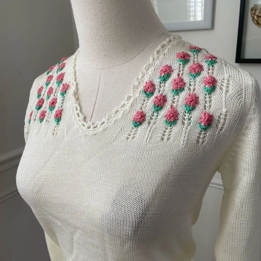 NWT NOS Vintage 70s Georgie Porgie Knit Sweater Embroidered Flowers XS White - Image 2