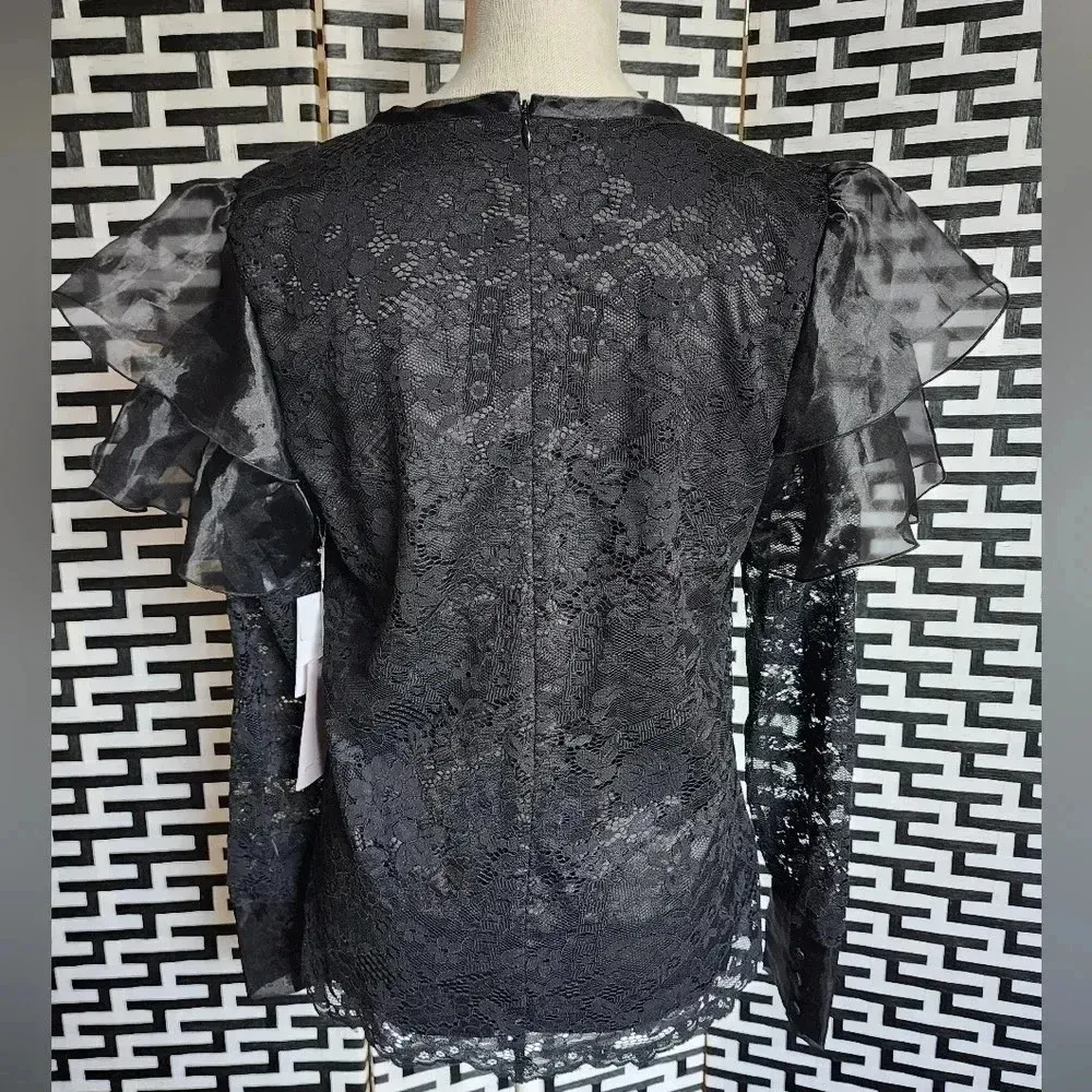 Rachel Parcell ruffle shoulder lace blouse size Medium New Black - Image 5