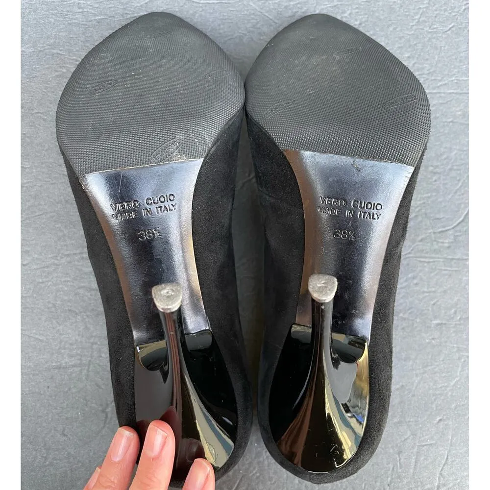 Vintage Icone Black Suede Heels 38.5/US 7.5 Italy Patent Bow 90s - Image 9