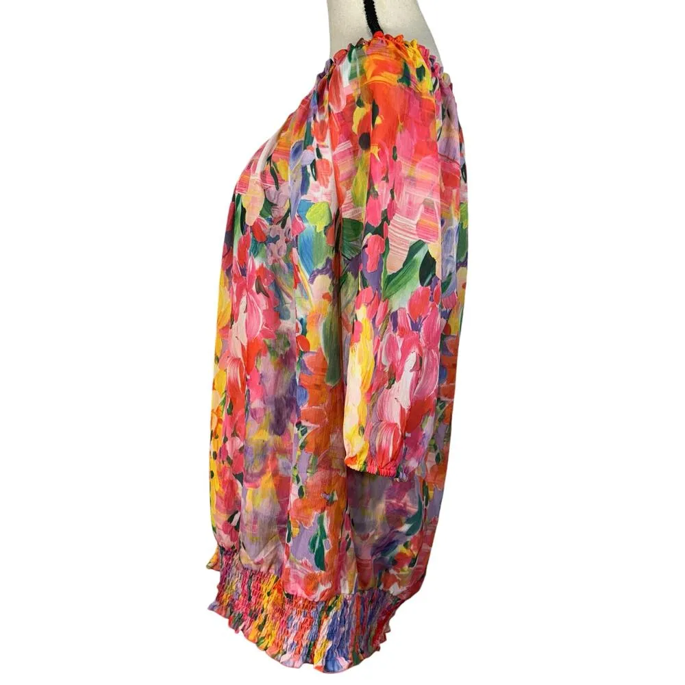 Lane Bryant SZ 18/20 Top Floral Semi-Sheer Boat Neck 3/4 Balloon Sleeves Smocked - Image 7