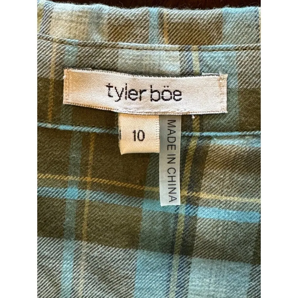 Tyler Boe Blue Green Plaid‎ Collared Button Front Pleated Back Tunic Top Size 10 - Image 10