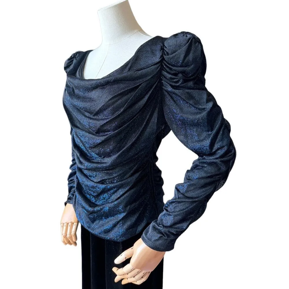 American Vintage Samir 70’s blue metallic Lurex & black velvet dress size medium - Image 11