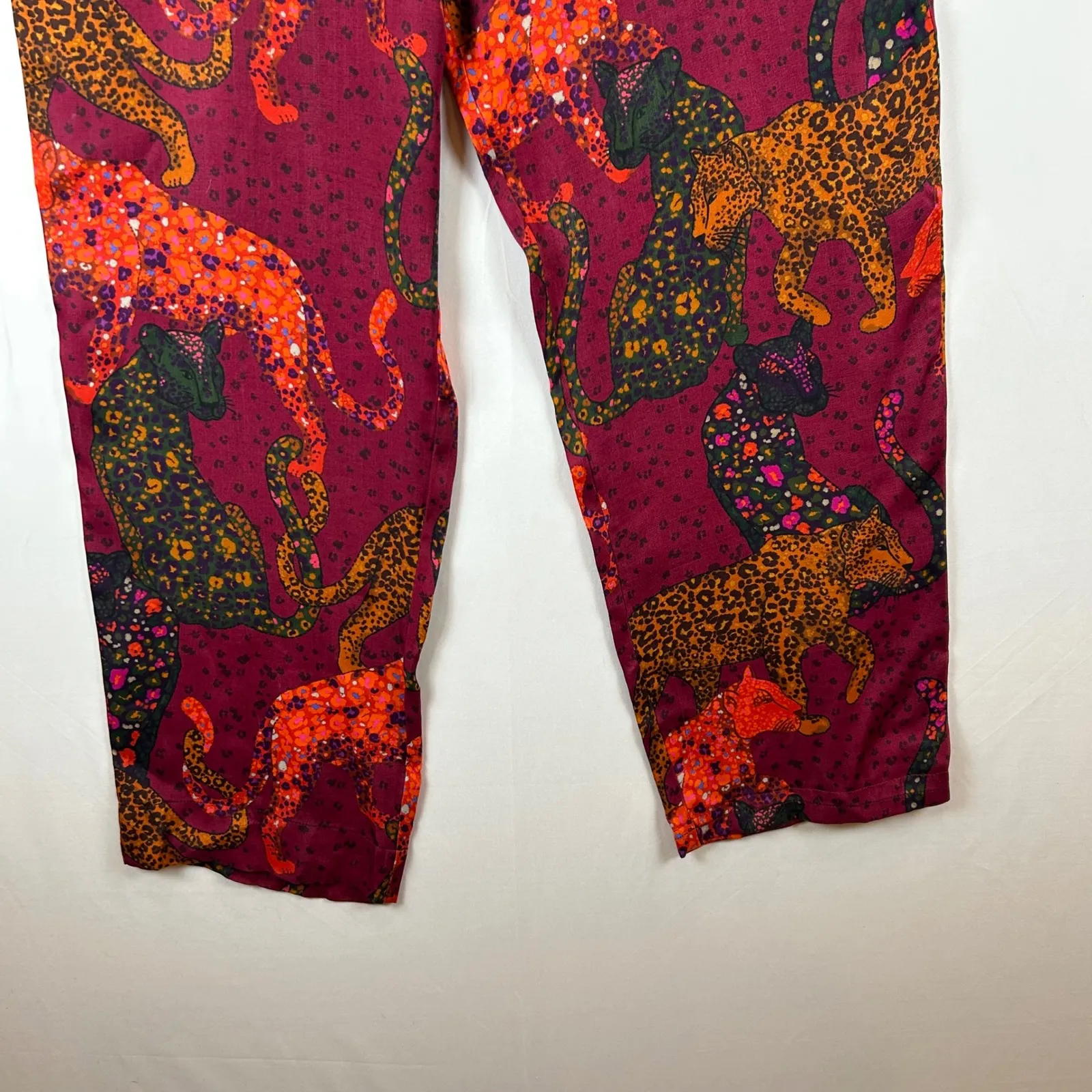 FARM Rio Leopard Print Wide Leg Pants Women's M Burgundy Drawstring Tassel - Image 7