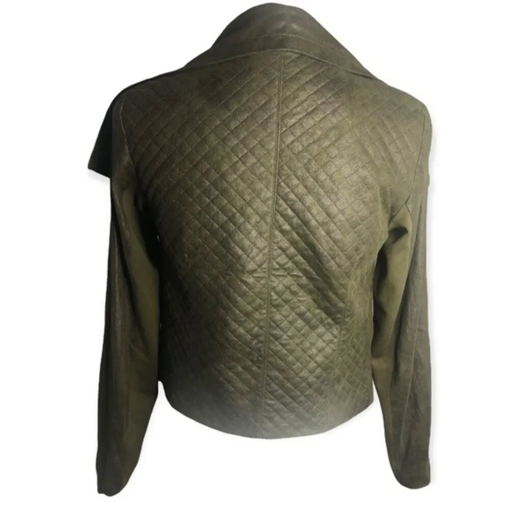 Love Marks Olive Green Faux Suede Quilted Moto Jacket - Image 3