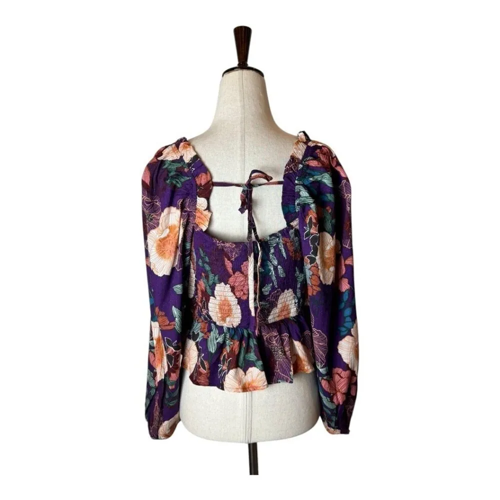 Band Of The‎ Free Shirt Women Medium Purple Floral Puff Sleeve Cropped Top NWT - Image 4