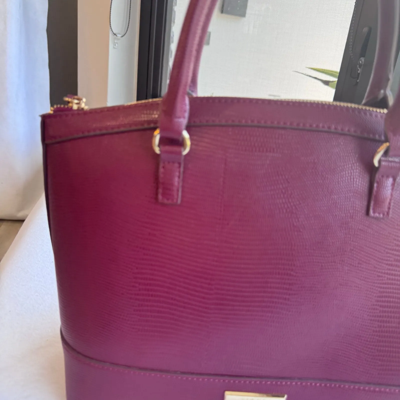 Anne Klein Burgundy Satchel Textured Faux Leather Gold Hardware Fall handbag - Image 2