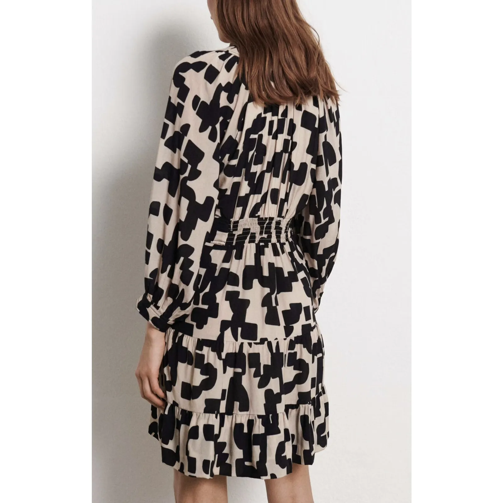 BA&SH Pulse Printed Split Neck Mini Dress In Black - Image 2