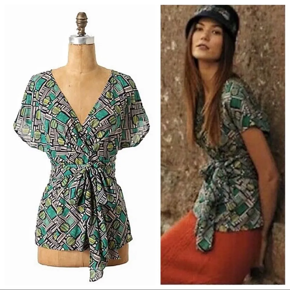 Anthropologie Odille Wrap Blouse Navy Green Taupe Rayon Boho Top - Image 3