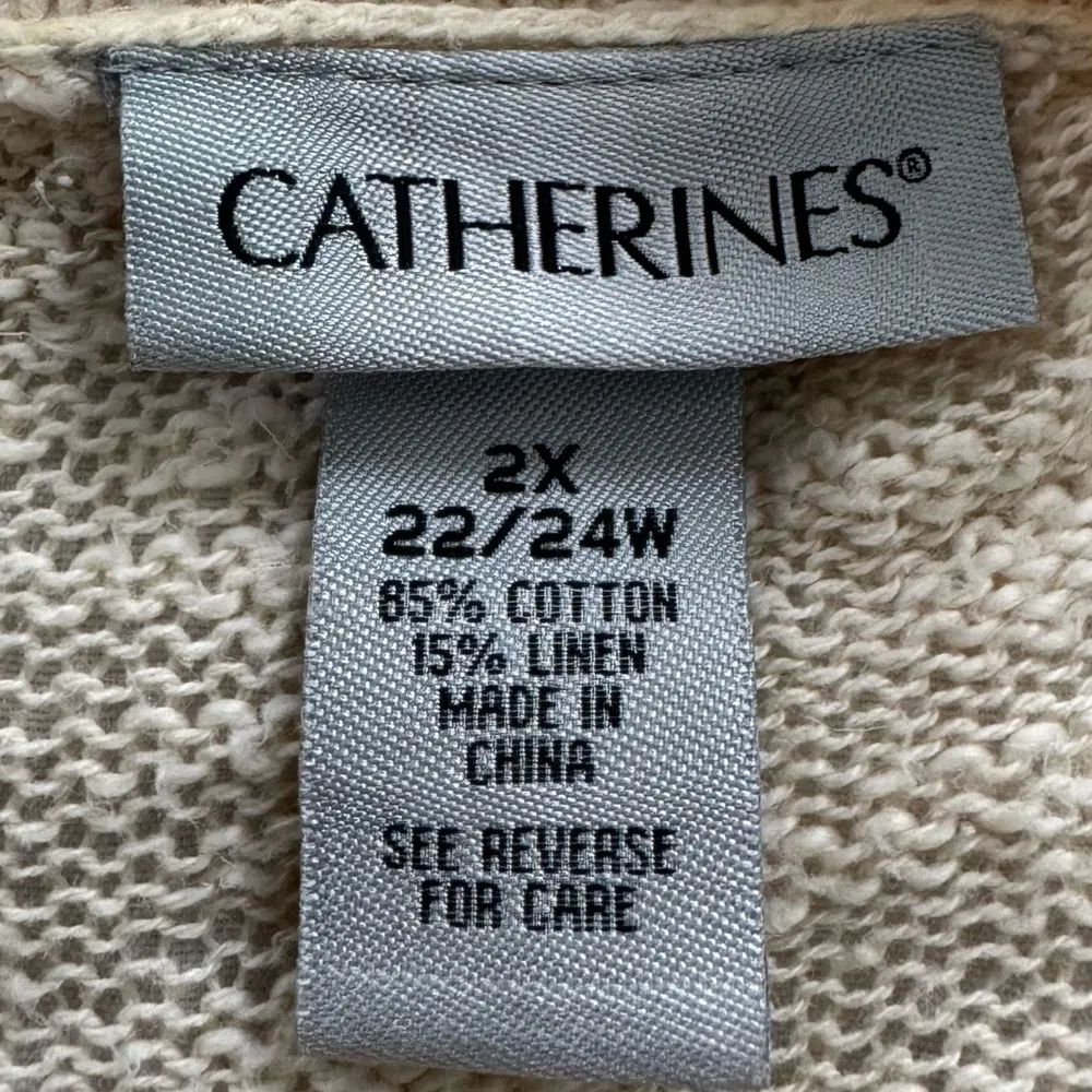Catherines Cream linen blend open front Cardigan with Fringe Details, size 2X - Image 4