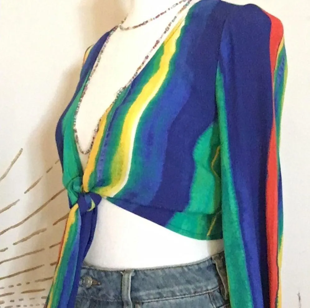 Forever 21 Watercolor Striped Tie Front Crop Long Bell Sleeve Festival Top - Image 8