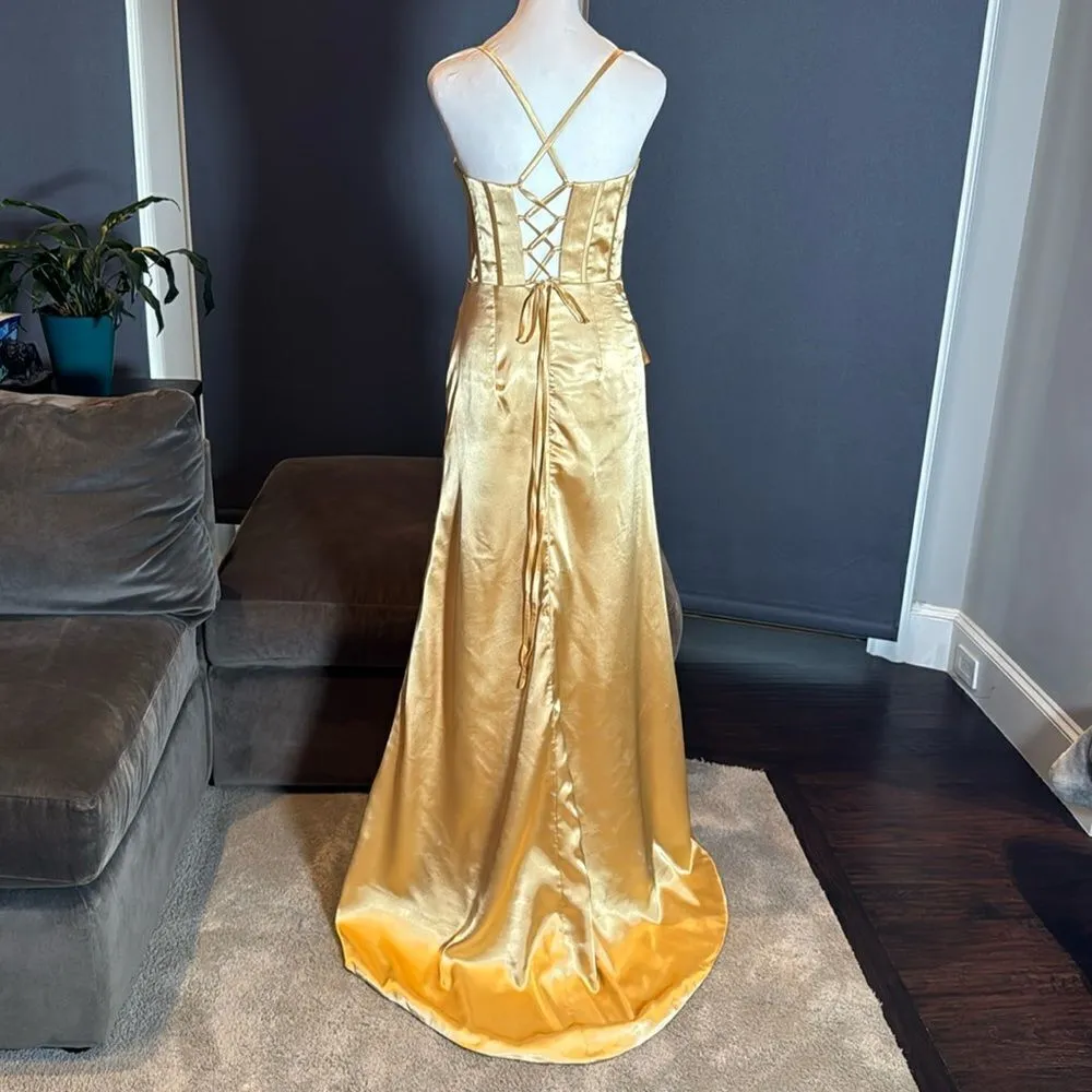 Women’s Gold Full Length Prom Party Dress Criss Cross Straps LegSlit Size 4 NWOT - Image 5