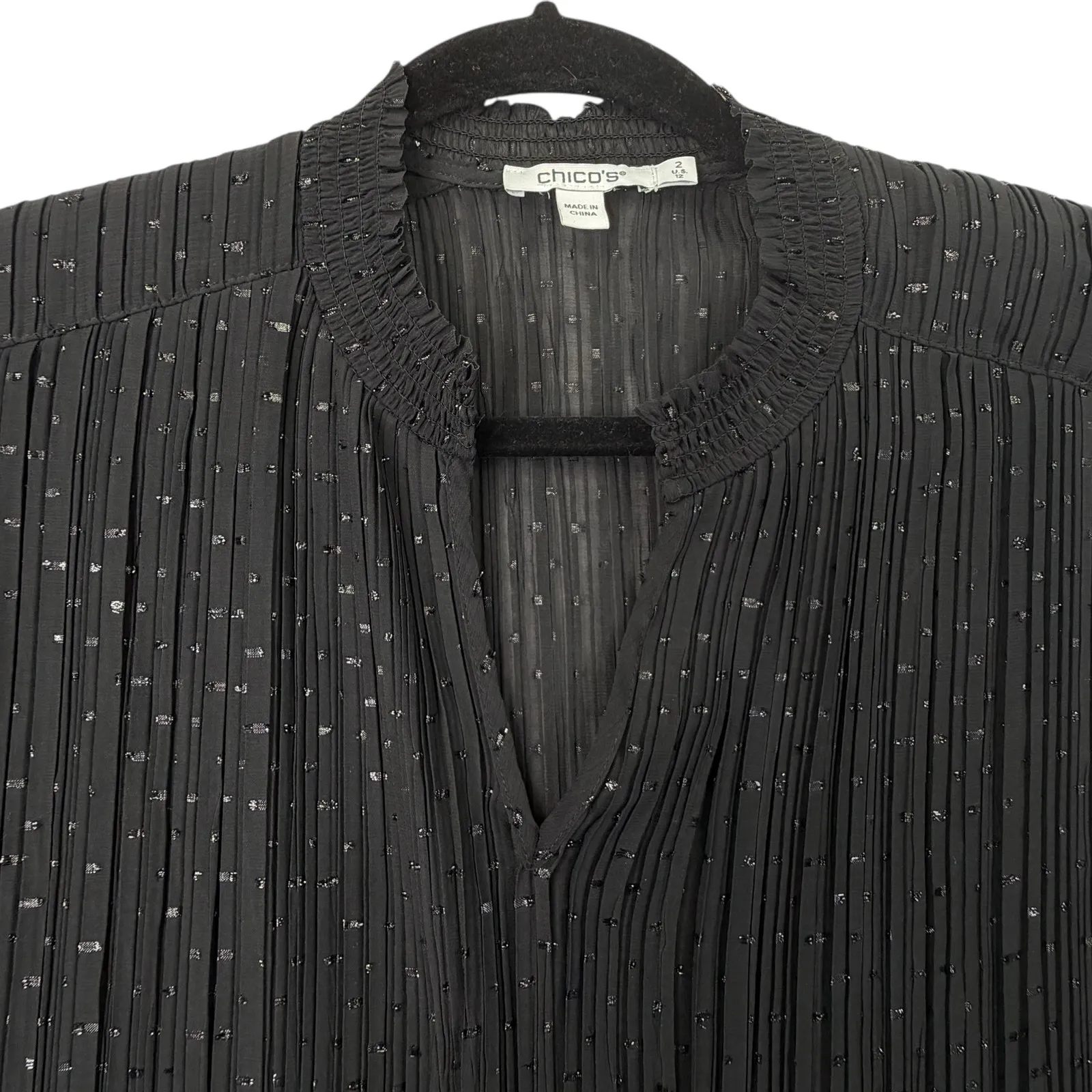 Chico’s Pleated Shimmer Blouse Black 12/2 Balloon Sleeves Evening Top Festive - Image 5