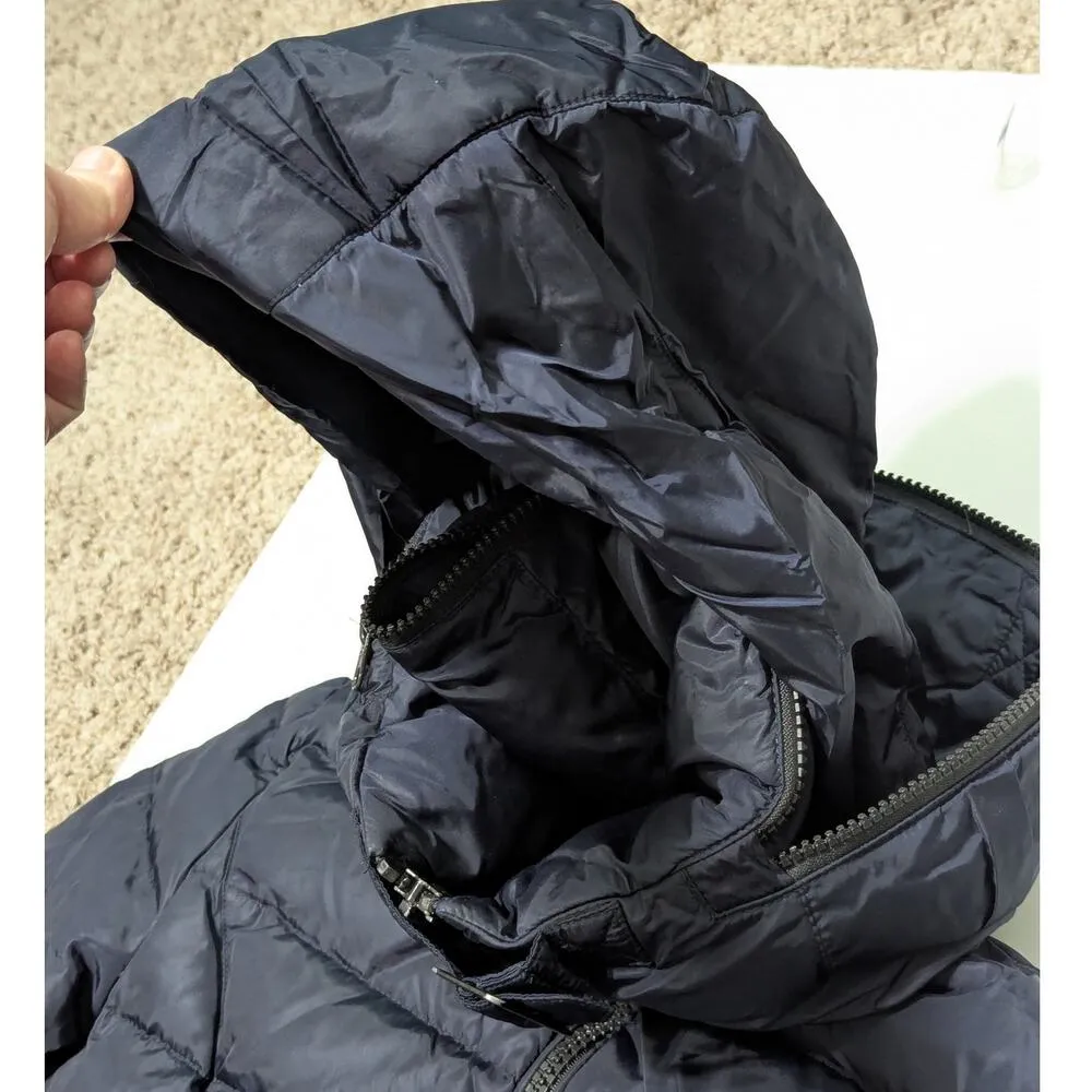 Happy Goat Lucky Down Puffer Coat Long Full Zip Belted Neckline Hooded Winter Blue Size 4 - Image 4