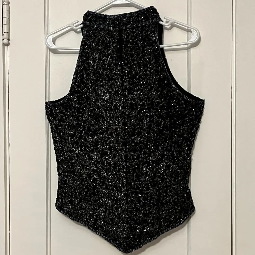 Papell Botique Evening VTG silk beaded halter top black navy size medium - Image 5