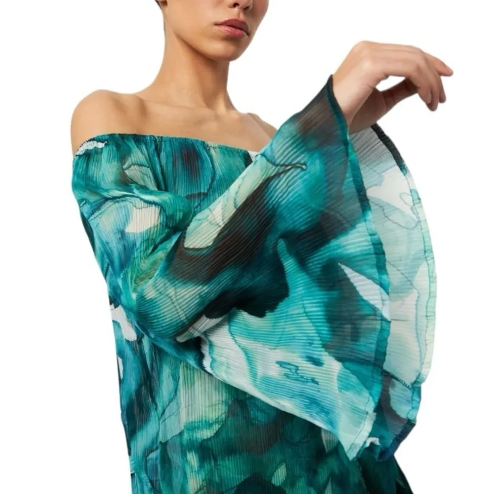 VILLA FRESCA Malia Off The Shoulder Micro Pleated Maxi Dress Blue Size 4X NEW - Image 5