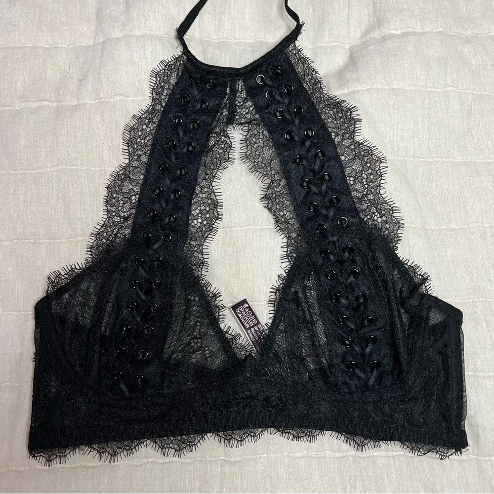 Victoria’s Secret Very Sexy Black Lace High Neck Halter Lace Up Bralette Small - Image 4