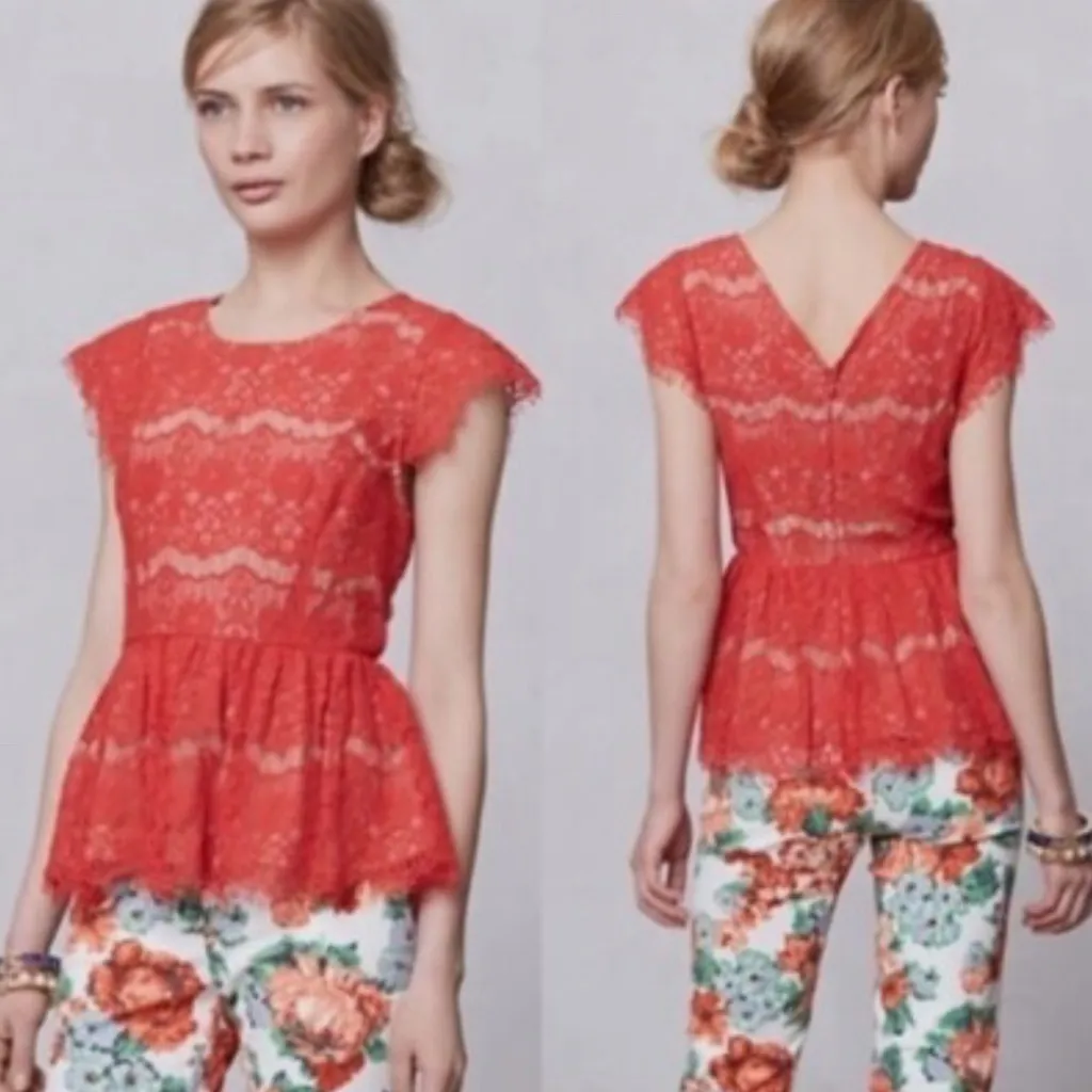 Anthropologie Maeve Katrine Red Lace Peplum Top Cap Sleeve Cocktail Blouse SzXS - Image 2
