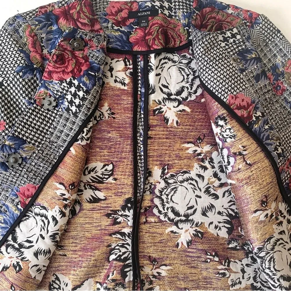 Alfani Blazer Jacket Houndstooth Floral Berry Snap Button Front Medium Petite - Image 13