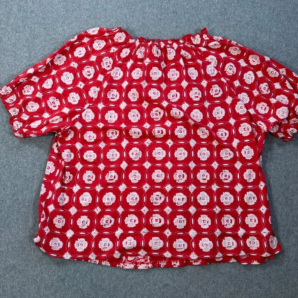 Wonderly Pintuck Peasant Top Women's Petite XL Red Short Puff Sleeve Red Tassel - Image 8