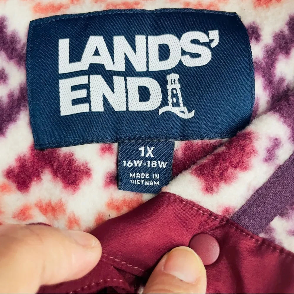 Lands End Heritage Quarter Snap Fleece Pullover Large Burgundy Orange Fair Isle - Image 7