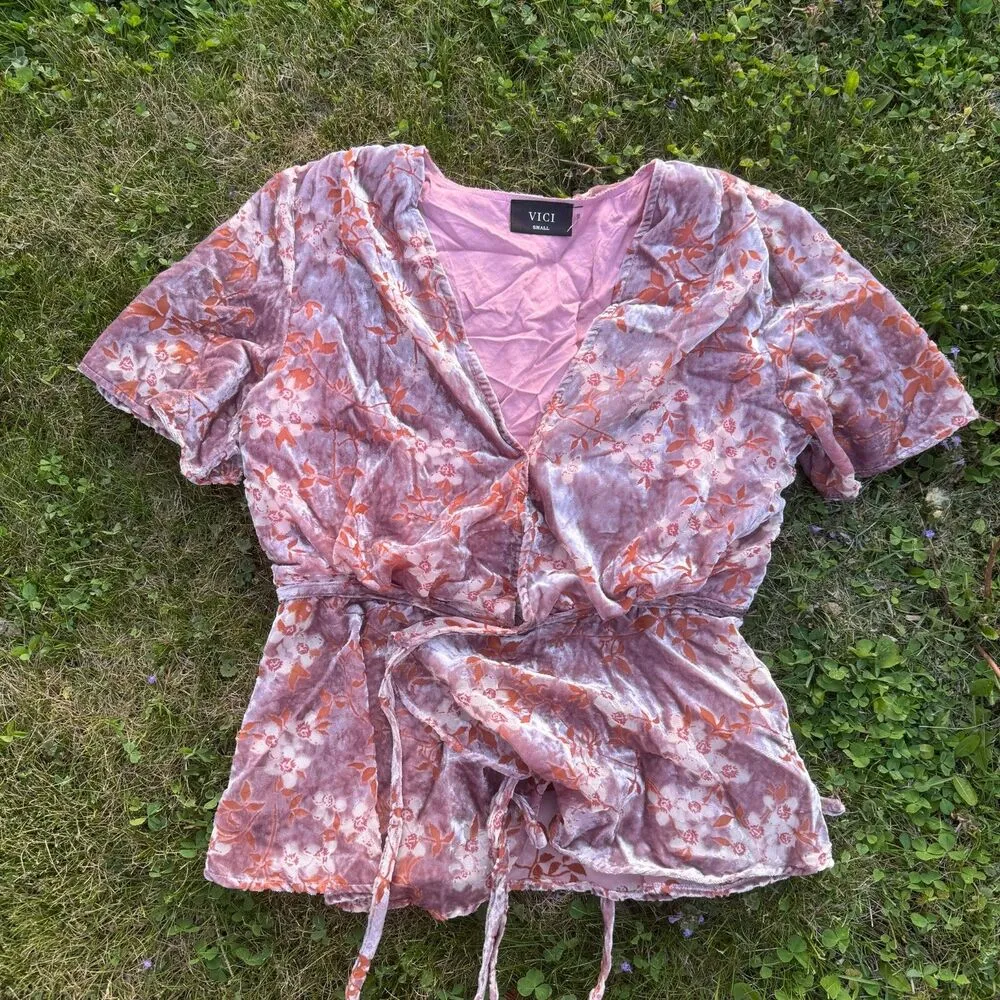 Vici Collection Floral Boho Velvet Burnout Dusty Rose Wrap Top - Image 2