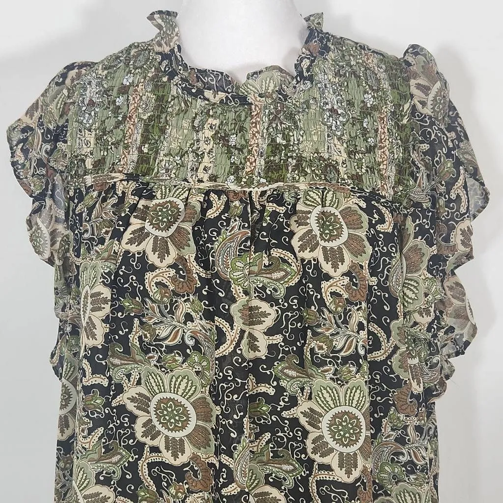 Carolina Belle Paisley Blouse with Ruffle Accents Size Large Boho Smocked Blouse - Image 3