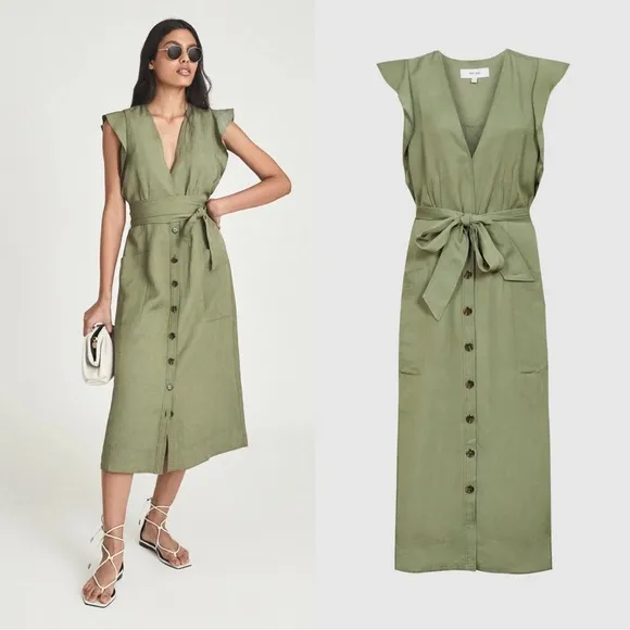 REISS • Emma Plunge Frill Shoulder Dress green midi button front tie waist belt - Image 2