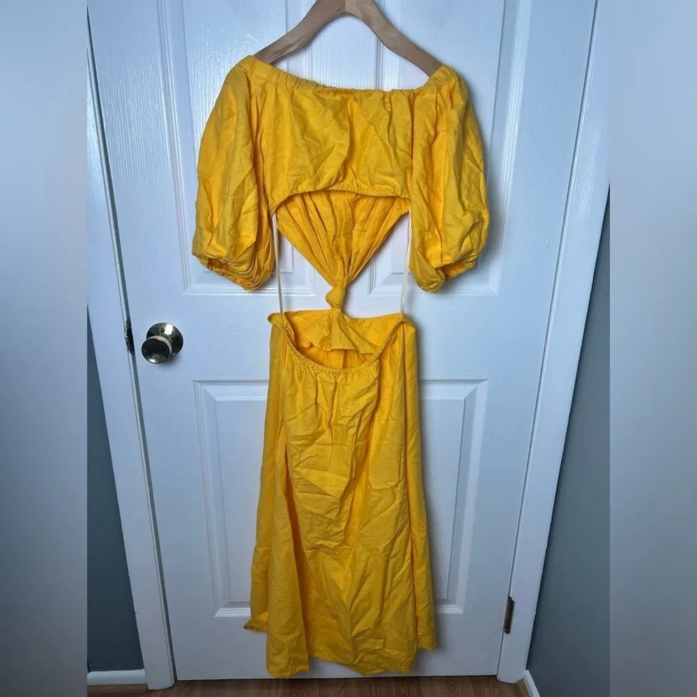 Linen Blend Yellow Off The Shoulder Cut Out Short Sleeve Midi Dress XS - Image 9