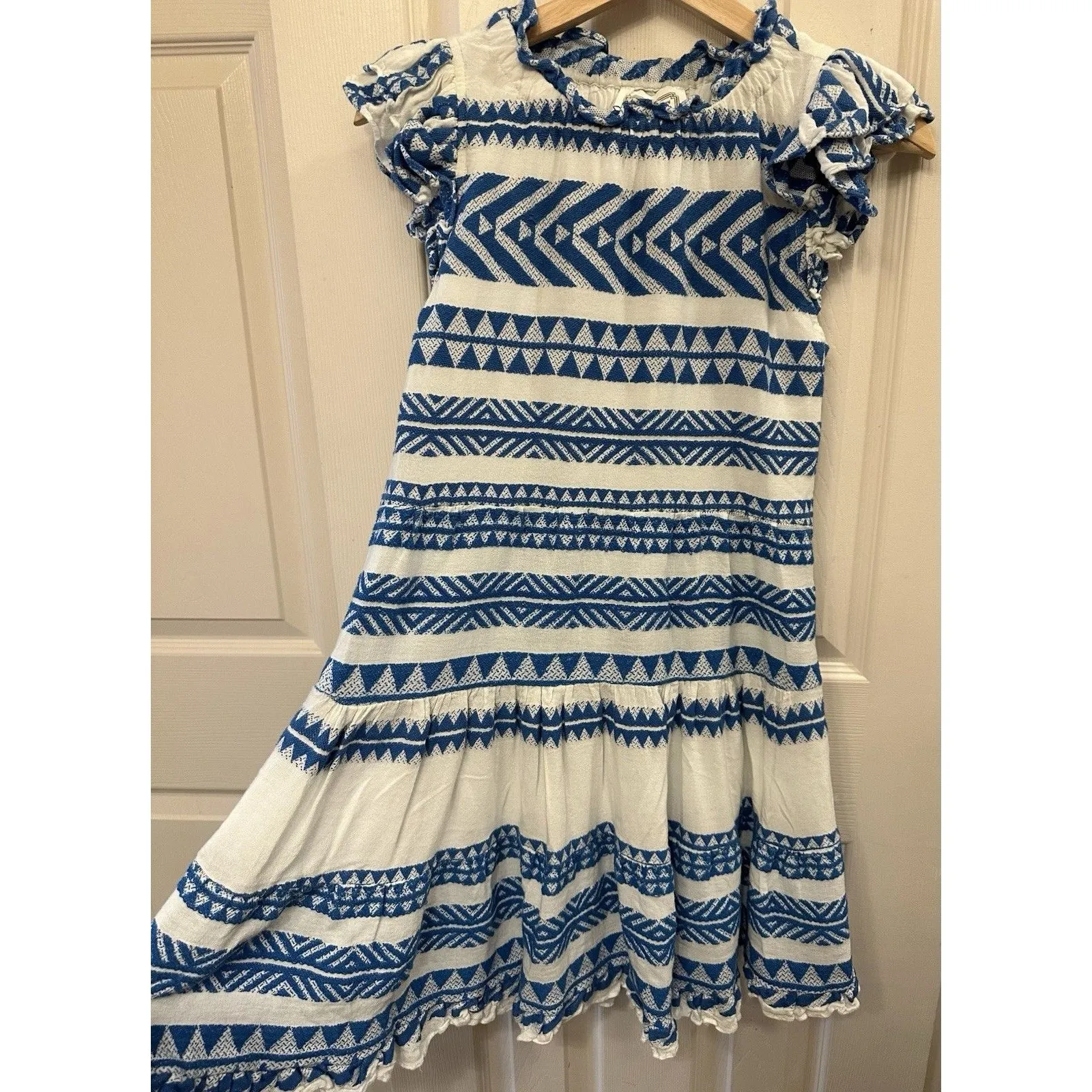 SAIL to SABLE Geo Stripe Ruffle Neck Dress 100% Cotton Blue White Size XS EUC - Image 4