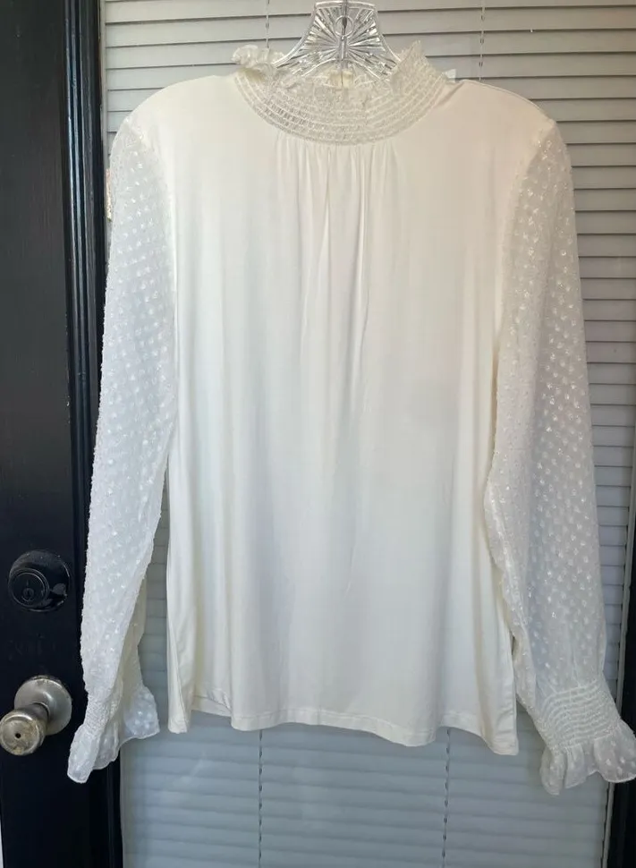NWT Talbots Long Sleeve Metallic Sleeves Mock Neck Blouse Cream M - Image 1