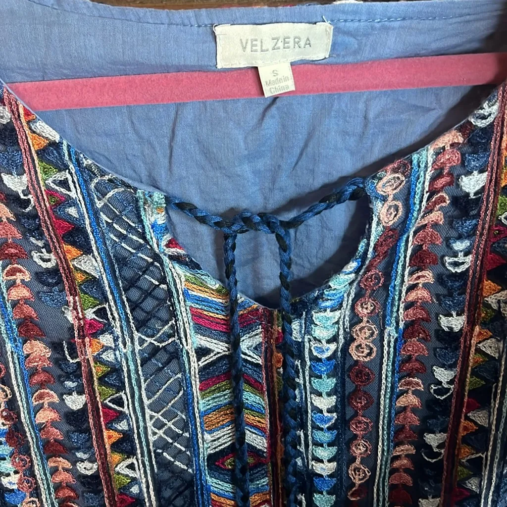 Velzera Embroidered Flare Sleeve Tunic Dress Geometric Tassle Cotton Coastal L - Image 6