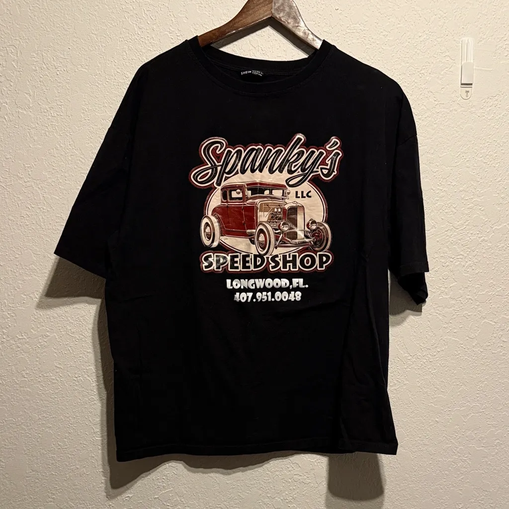 Shein Black Spankys Speed Shop Oversized Graphic Tee Short Sleeve Shirt M Car - Image 4