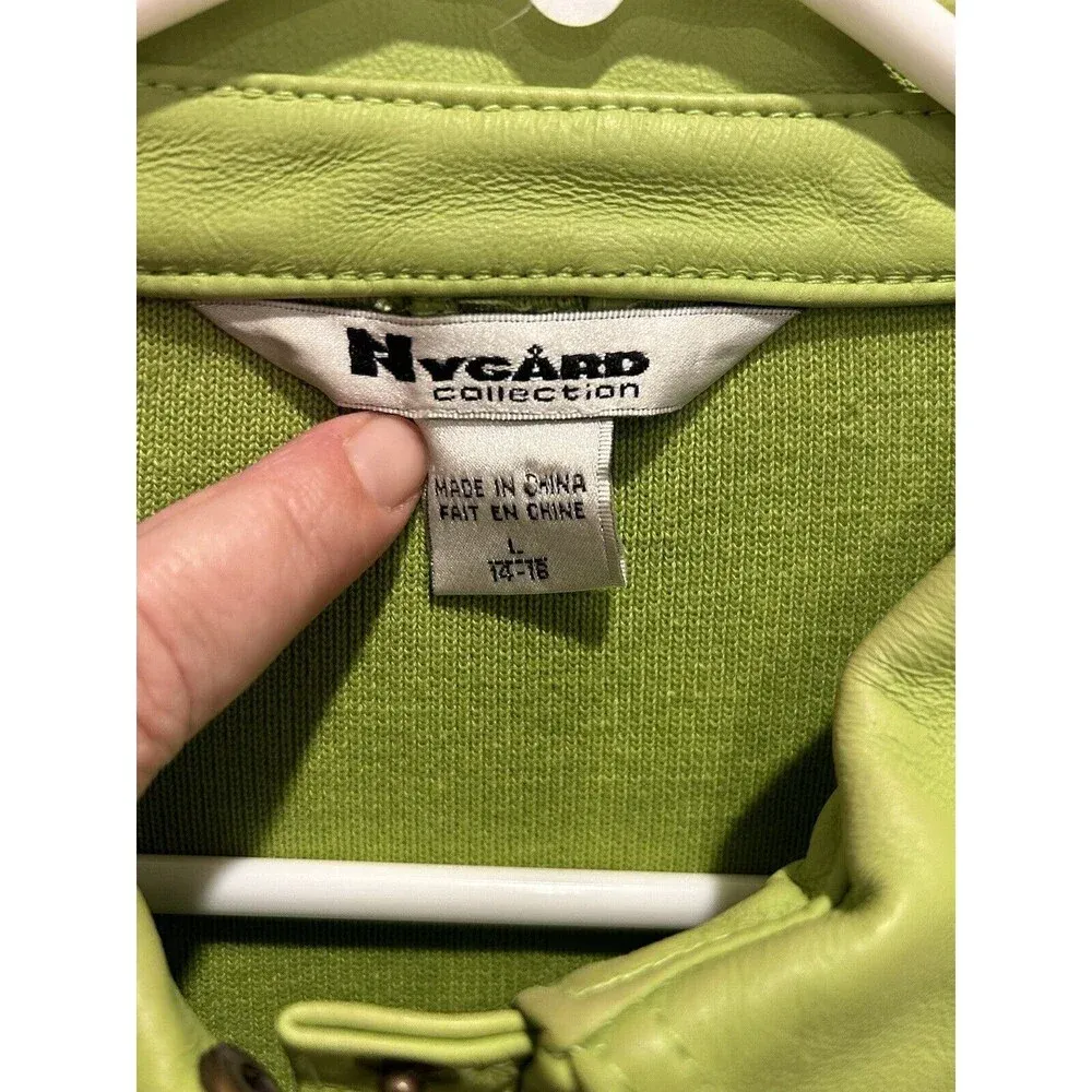 Peter Nygard Collection Lime Green Leather Front Knit Back‎ Sleeves Jacket Large - Image 3