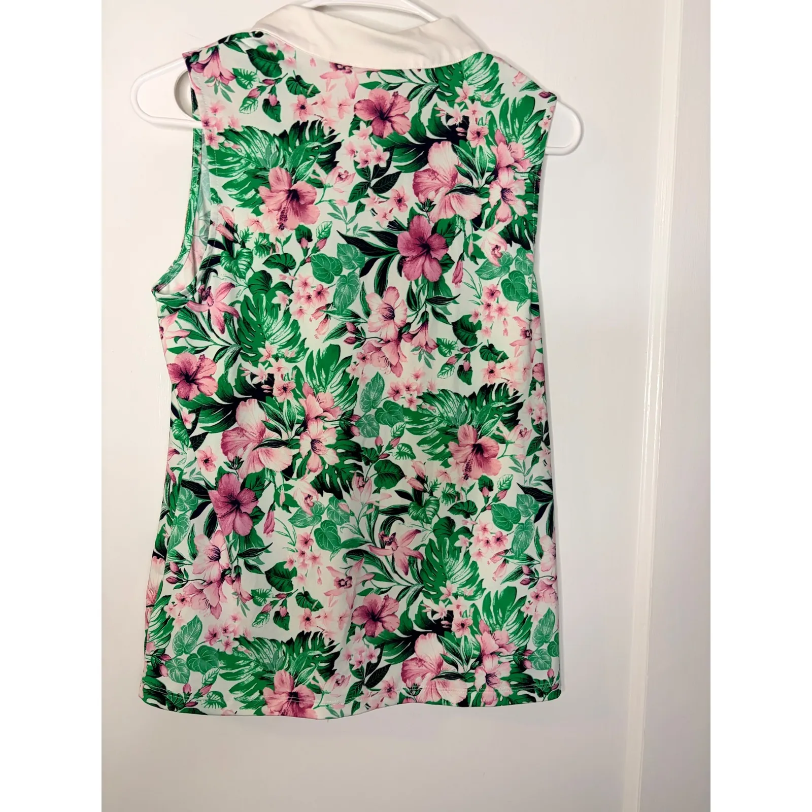 Tommy Bahama Golf Sleeveless Polo Shirt Floral Print White Pink Green Medium - Image 3