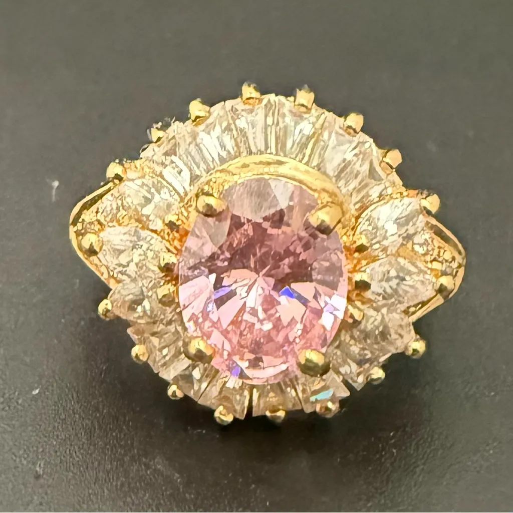 Vintage 925 Gold Over Sterling Pink Oval CZ Flower Cocktail Ring Size 8.5 7g. - Image 3