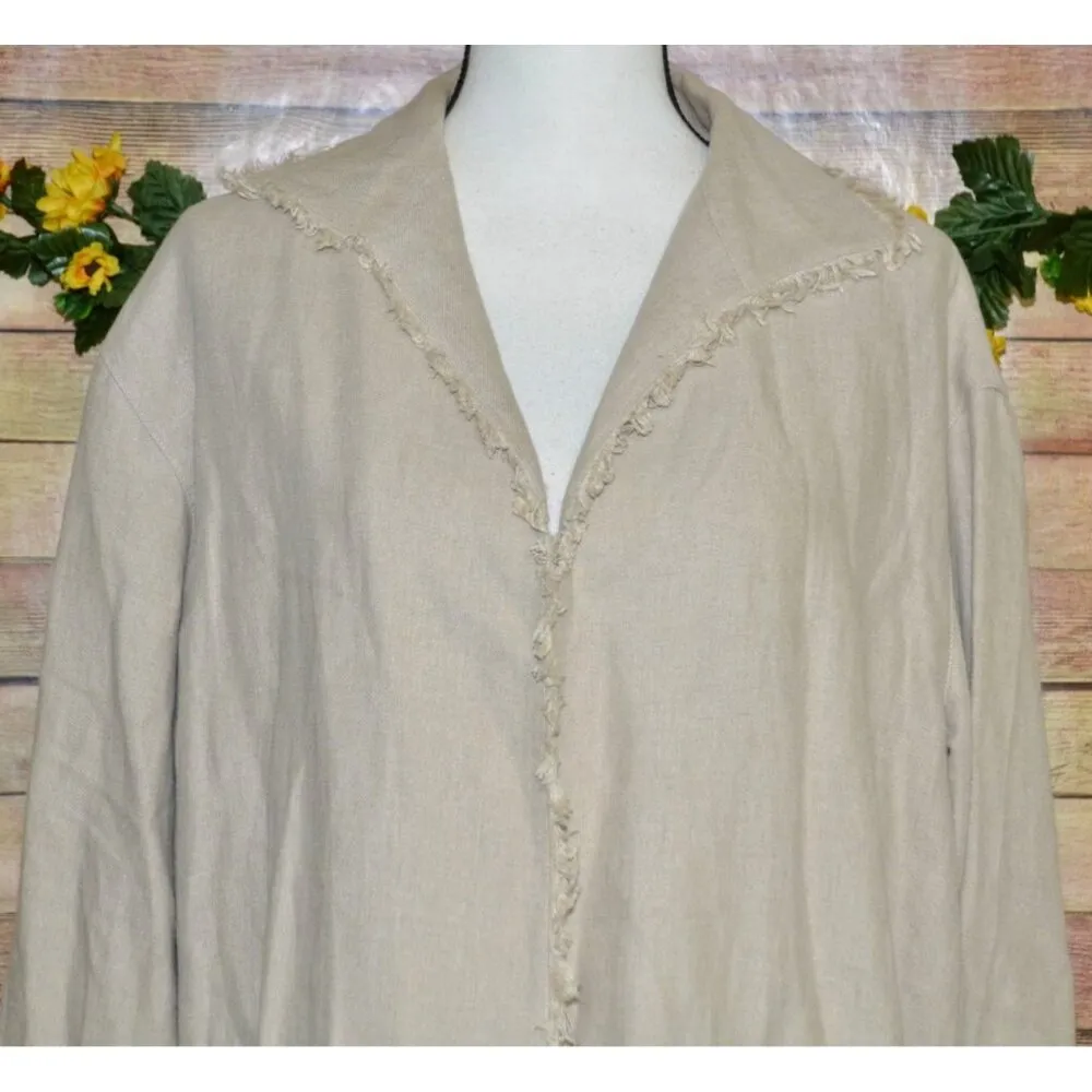 Vintage LAFAYETTE 148 100% Linen Open Front Jacket Size L Raw Trim Neutral Khaki - Image 2