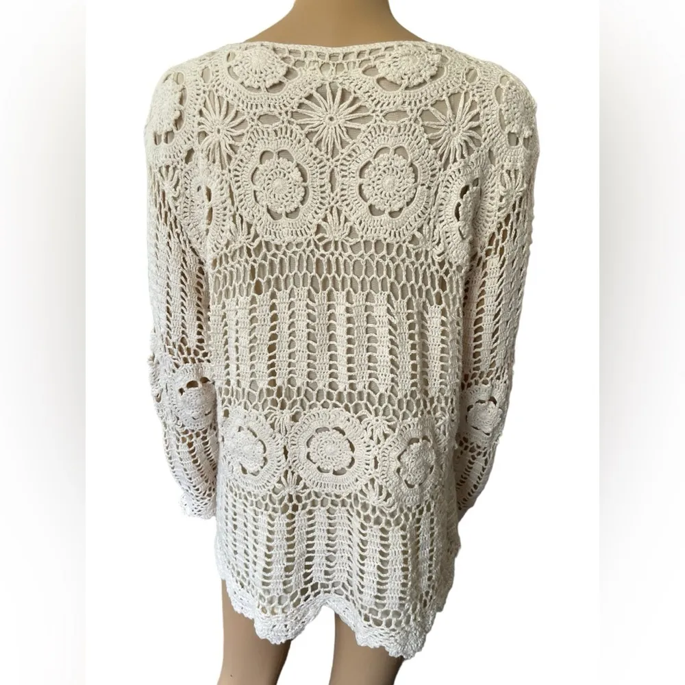 Roaman’s Vintage 90s Cream Boho Hippie Western Eclectic Crochet Long Sleeve Top Size M - Image 4