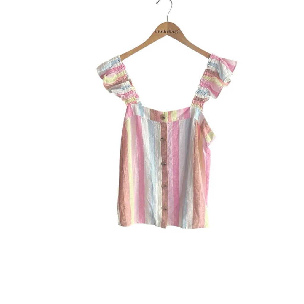 J. Crew Button Down Ruffle Sleeve Striped Linen Blend Top - Image 3