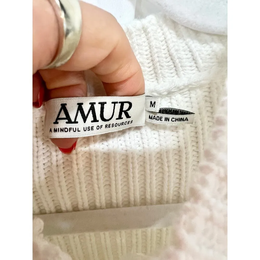 AMUR Cynthia Cotton Puffed Sleeve Cable Crochet Knit Sweater White Womens Size M - Image 5