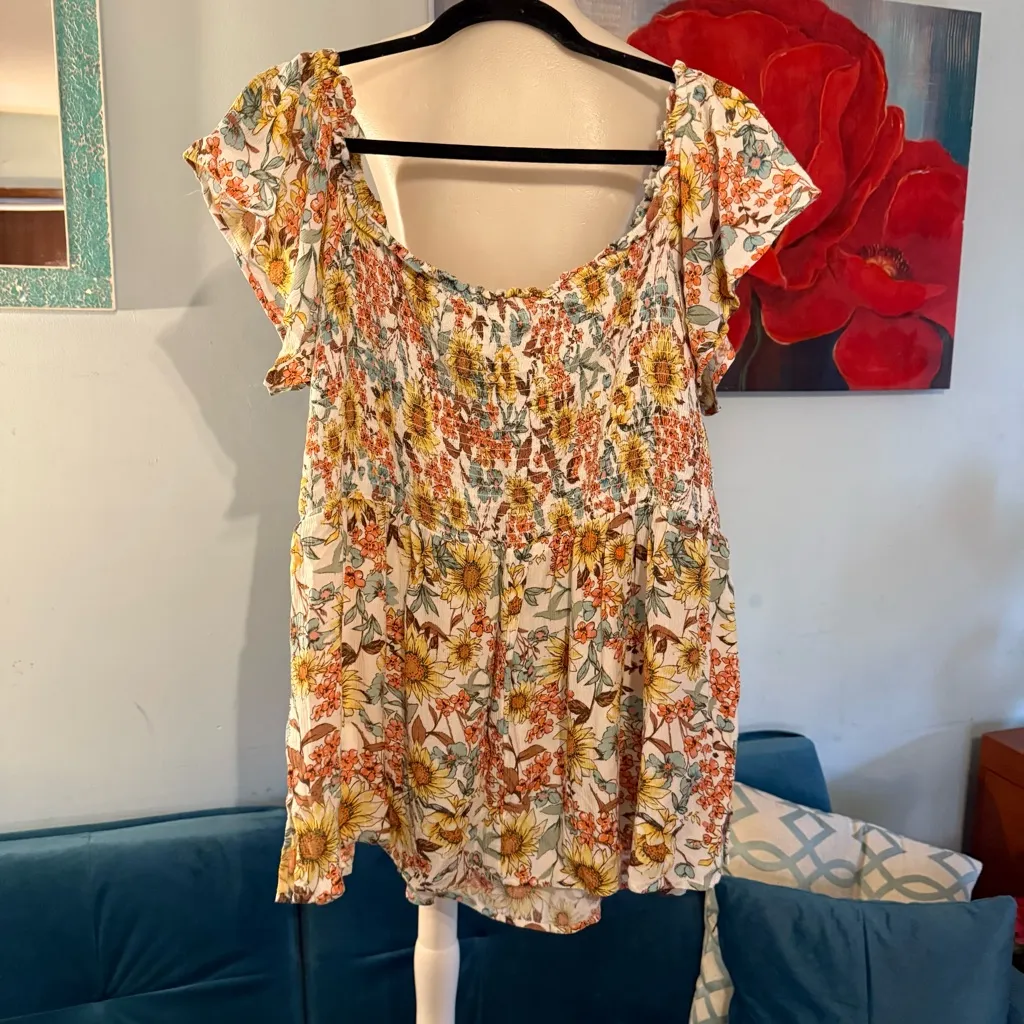 Maurices Y2k Size Large Sunflower Floral Flutter Sleeves Babydoll Top 3X - Image 4