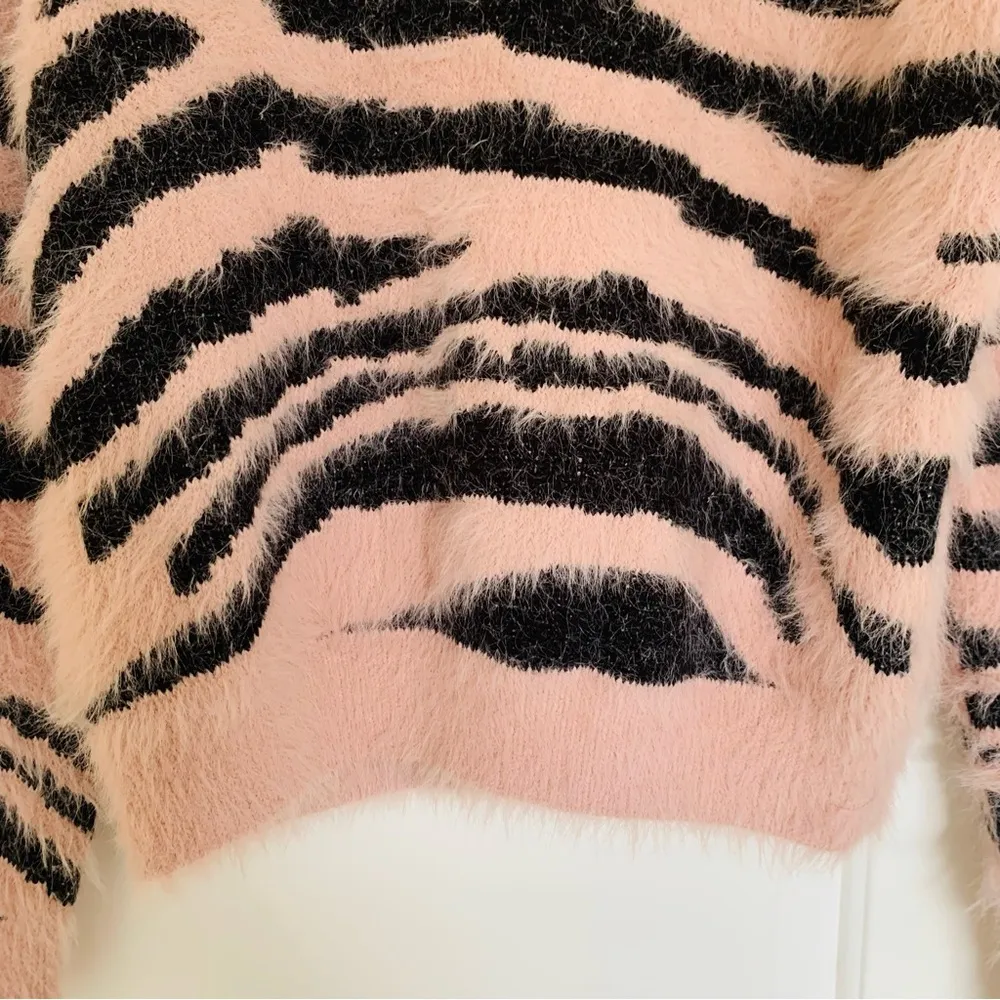 NWOT Lush Pink & Black Zebra Print Cozy Knitted V-Neck Sweater | Size: S - Image 3