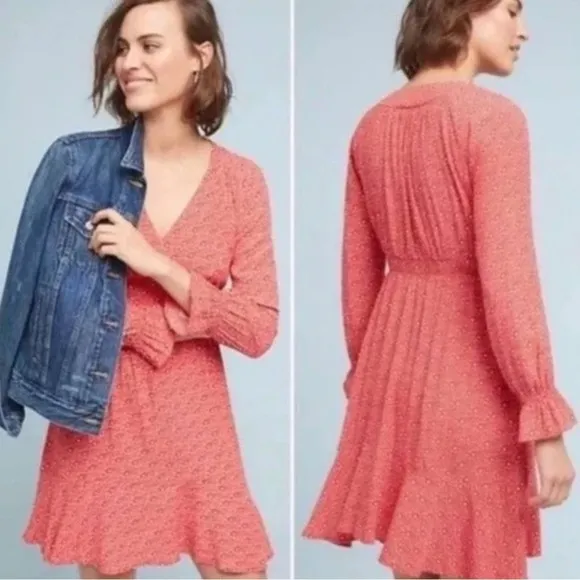 Maeve Anthropology Red/White Printed A-Line Dress Long Sleeve Womens Size Medium - Image 2