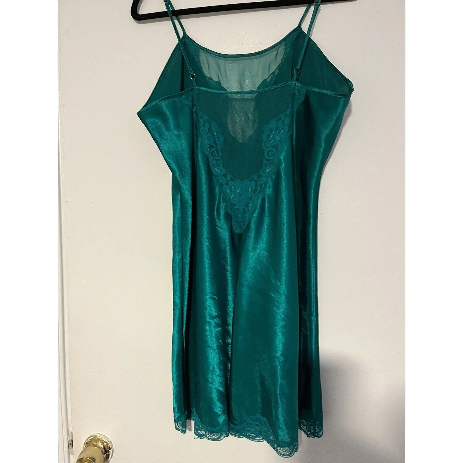 Vintage‎ Delicate’s Emerald Green Satin  silky Lace Negligee Slip Dress Nightie - Image 4