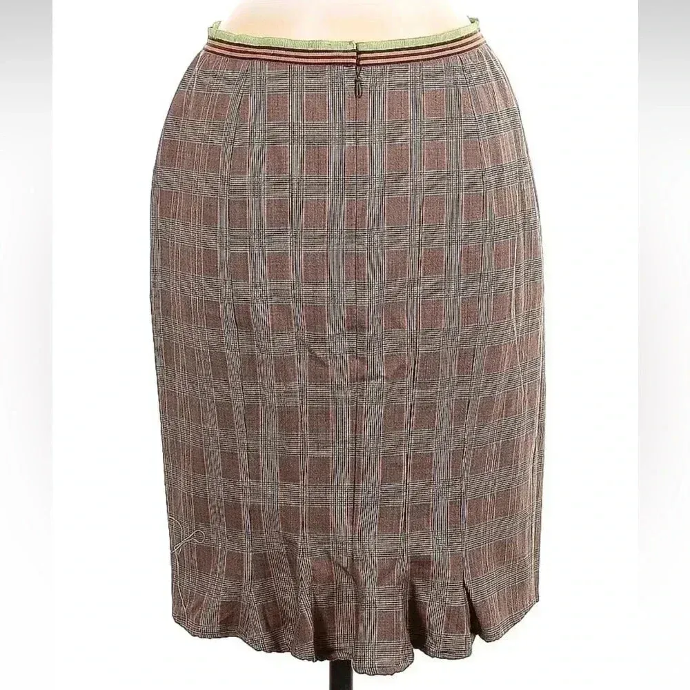 Vintage Carlisle Felicity Wool Brown Orange Plaid Ruffle Pencil Skirt Size 6 - Image 2